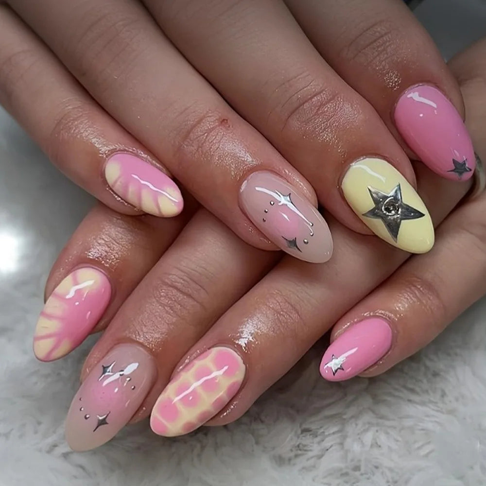 24pcs Colorful Five-pointed Star Press On Nails Red Stripes French Style Y2k Fake Nails Yellow Almond European Fake Nail Tips