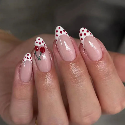 24pcs Mid-length Almond Fake Nails Set Red French Tips False Nail Finished Art Acrylic Simple Polka Dot Design Press on Nails