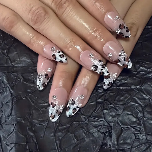 10pcs high-end Leopard print and cat eyes flashing handmade fake nails, Leopard print Hottie medium long nail decoration patch
