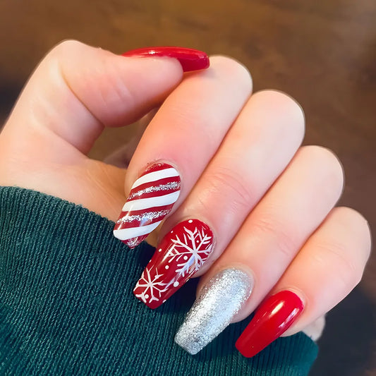 24Pcs Christmas Day Press on Nails Snowflake Cherry Red White Stripe Fake Nail Simple Wearable Mid-length Coffin Nails for Women