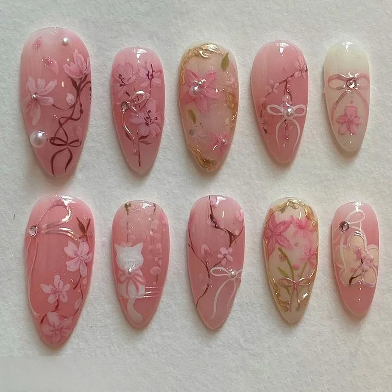 24pcs Cute Cartoon Press On Nails Little Fresh Colorful Oil Painting Style Fake Nails Kawaii Short Almond Fake Nail For Girls