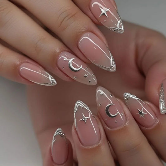 24pcs Nude Pink False Nails Press on Gilded Bow French Tips Fake Nails Art Glitter Cat's Eye Almond Nail with Polka Dot Manicure