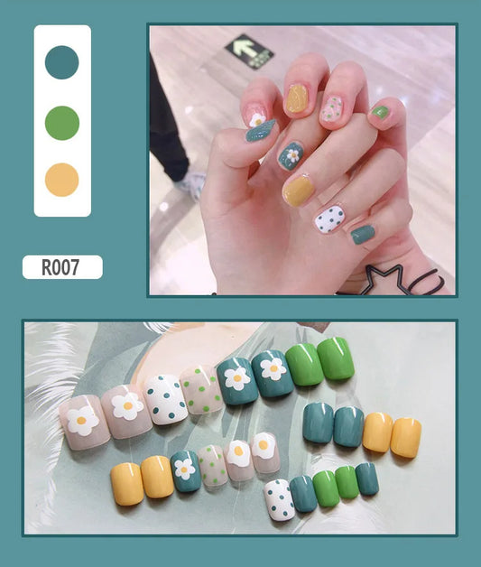 24Pcs Short Glossy Press on Nails Fashion Ballet Dark Green Acrylic False Nails Detachable Finished Nails Tips with Jelly Glue