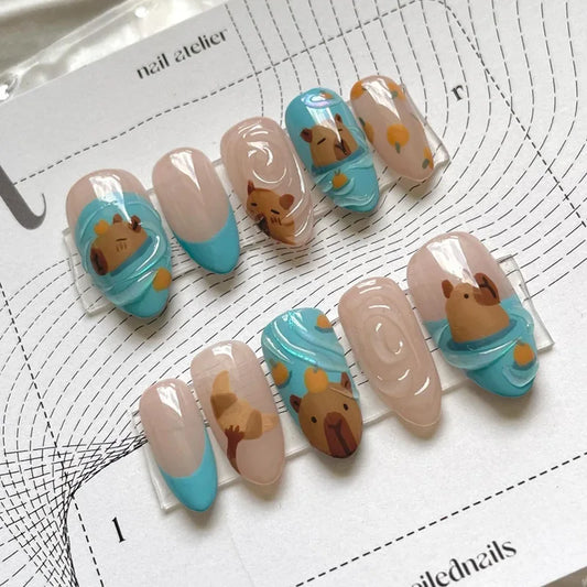 24pcs Ocean Blue Full Cover Nail Tips Blush Short Oval Fake Nails Star Rhinestone Design Decor False Nail French Press on Nails