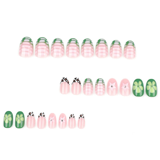 24pcs Short Summer Fresh Green False Nails Leopard Print French Tips Fake Nails Crocodile Stripe Flower Sweet Star Press On Nail