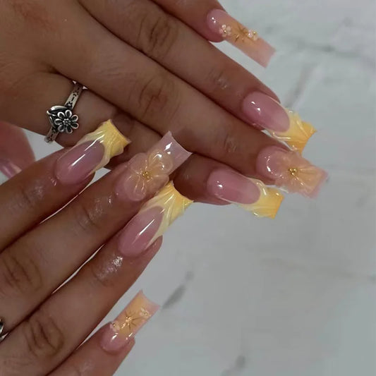 24pcs Sweet Wearable Nails Tips Green French Ballet Fake Nail Flower Pattern Long False Nail Sets Diamond Design Press on Nails