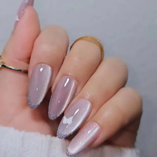 24Pcs Mid-length Almond Press on Nails 3D Silver Star Design Fake Nail Cat's Eye Wearable Artificial Full Cover False Nails Tips