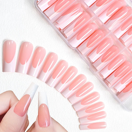 120Pcs Glossy Pink French Press On Nails 12-Sizes Long Square Fake Nails White Edge Design Full Cover French False Fingertips TD