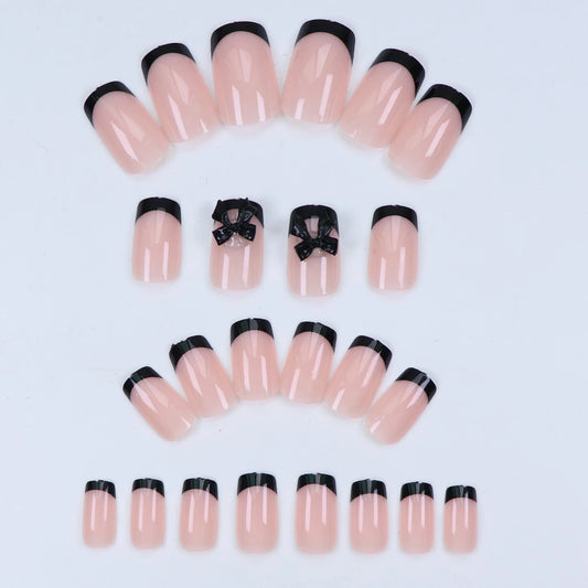 24pcs Press on Nails Bowknot Black Press on Nails White Pearl Sweet French Tip Press on Nails Cute Nail Artificial