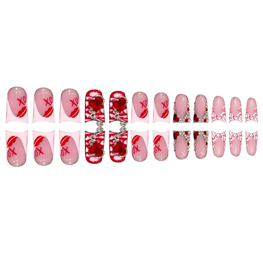 24pcs Spice Girl Press on Nails Glitter Red Crystal Design False Nails Wearable Reusable Gradient Duckbilled Fake Nail Tips