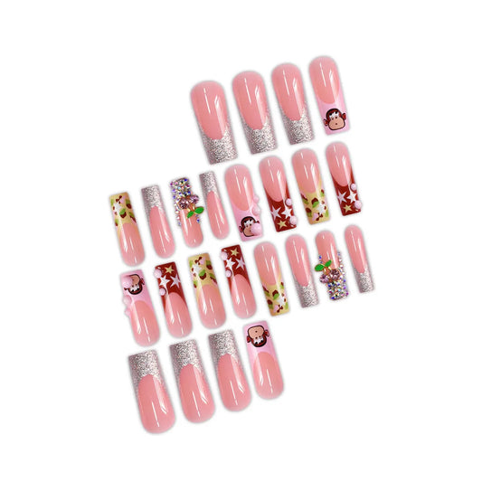 Cute Cartoon Little Monkey False Nails Blush Long Coffin Sweet Cool Fake Nail Shiny Diamond Y2k Star Color French Press On Nails