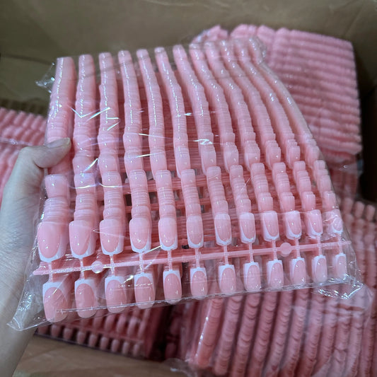120Pcs Short Square Coffin French Fake Nails Glossy Pink Full Cover Wearable Press on Nails Wearable Acrylic Fake Nails Tips #