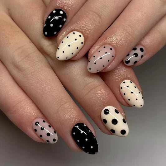 24Pcs Short Almond False Nails Press on Pink Stripe Lace French Design Full Cover Nails Tips with Polka Dot Reusable Fake Nails