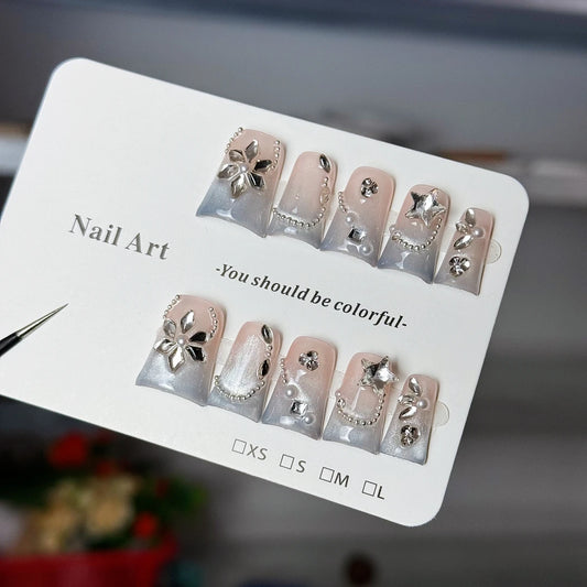 10pcs high-end Luxury and fashionable style, hand-painted gradient cat eyes, dazzling full diamonds handmade fake nails