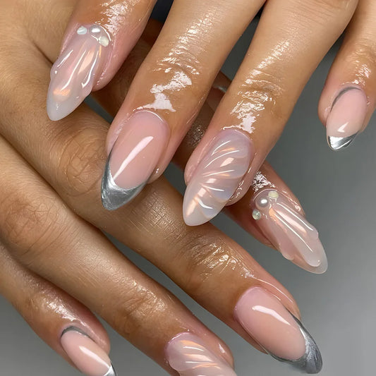 24pcs Ocean Almond False Nails Press on Blue Pearl Seashell Long Nails Tips Ins Fashion Wearable Starfish Design Fake Nail Sets