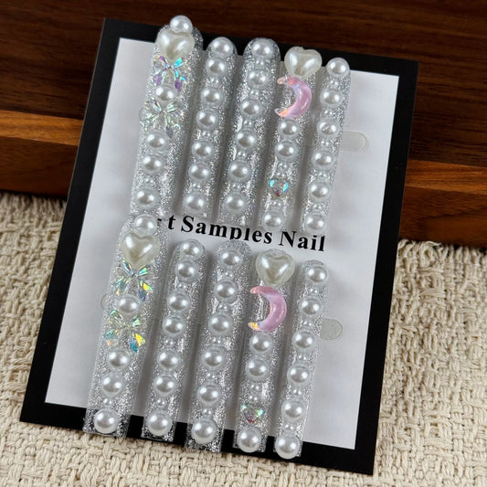 10pcs high-end Retro luxurious style, hand-painted three-dimensional hearts, moon, flashing pearls handmade fake nails