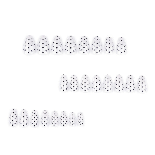 24pcs White Almond Press On Nails Black Round Wave Point Pattern Printed Fake Nail Full Cover Simple Detachable False Nail Tips