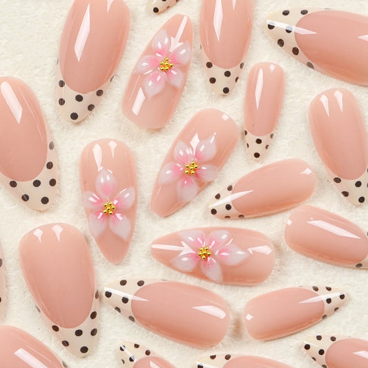 24-Piece Short Almond-Shaped Nail Stickers, Fashionable French-Style Black Polka Dot 3D Stereo Pink Gradient Resin Flower Polka Dot Nail Set (Includes: One Jelly Glue Sheet and 1 Nail File), Suitable for Women's Daily Outings