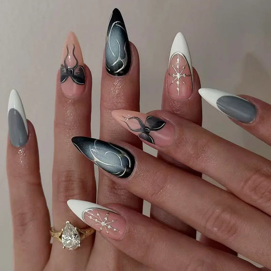 24Pcs Mid-length Almond Full Cover Nails Tips Silver Irregular Smudge Press on Fake Nails Triangle Line Detachable False Nails