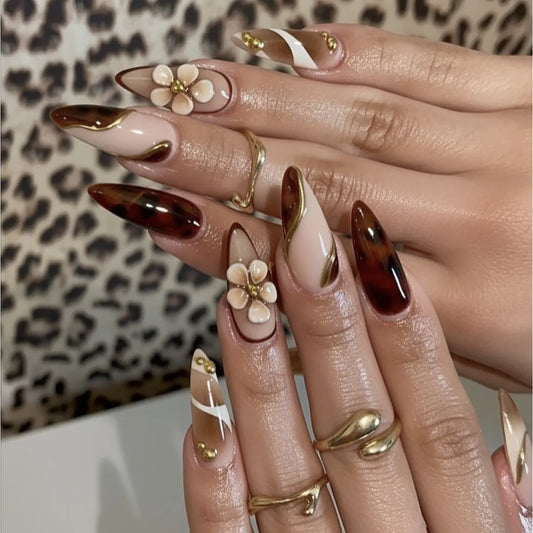 24Pcs Mid-length Almond Fake Nails Press on White French Leopard Print False Nails Flower Smudge Wearable Full Cover Nails Tips