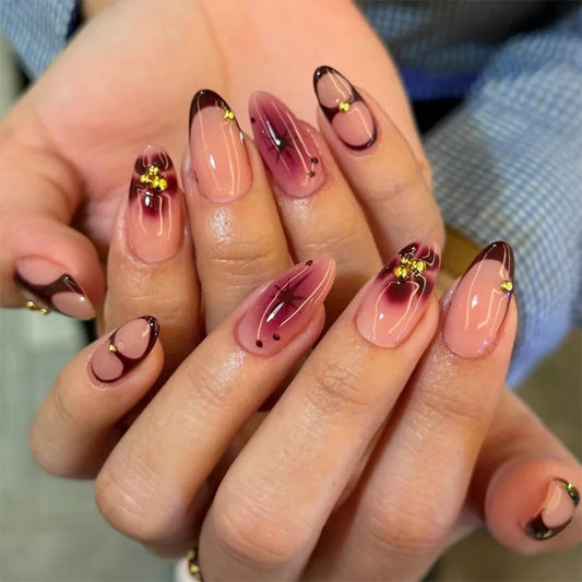 24pcs Long Almond False Nails Flower Pearl Design Press on Nails Gradient Red Fake Nail Tips Finished Wearable French Manicure