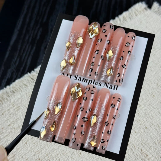 10pcs high-end Sweet and cool girl style, hand-painted leopard print, dazzling three-dimensional square diamonds handmade fake