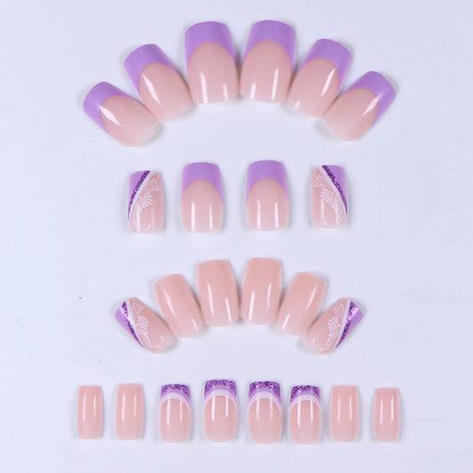 24PCS French Medium Square Fake Nail White Purple French Pointed Acrylic Nail with Silver Shining White Printed Design