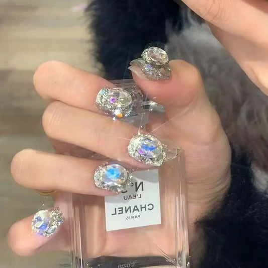 10pcs high-end Heavy industry design model, Shining rose short style, dazzling full of diamonds handmade fake nails