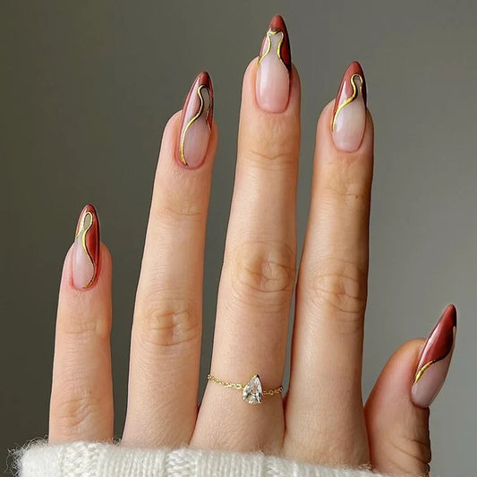 24Pcs Long French Almond Press False Nails Pink Gradient Fake Nail Art with White Stripes Design Wearable Full Cover Nails Tips