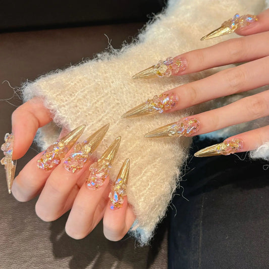 10pcs Pure Hand Pressed Stiletto Nail Art,Nice Fake Nail,Sparkling Golden Palace Style With Colorful Accessories,Ideal For Women