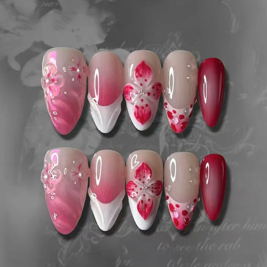24pcs Blush Pink False Nails Press on Pearl Flower Design Almond Fake Nail Tips Sweet Bow Full Cover Nail Sets Press on Nails
