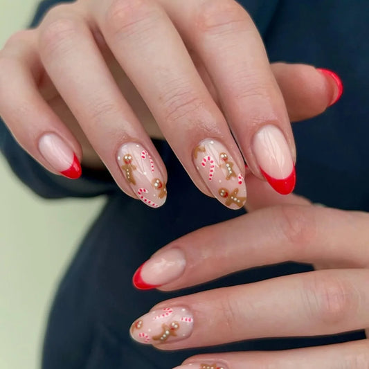24pcs Christmas Long Almond Press on Nails Flower Bow Pearl Design Red False Nails Tip Detachable Snowflake Rhinestone Fake Nail