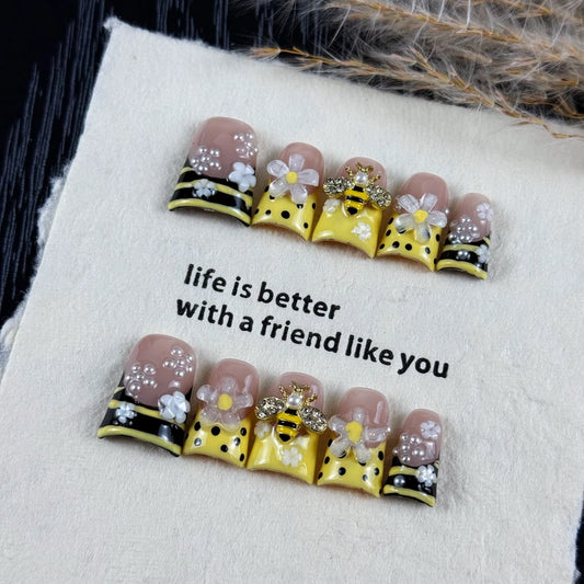 10pcs high-end Cute cartoon style, hand-painted zebra pattern, three-dimensional embossed design, bees, shiny small pearls hand