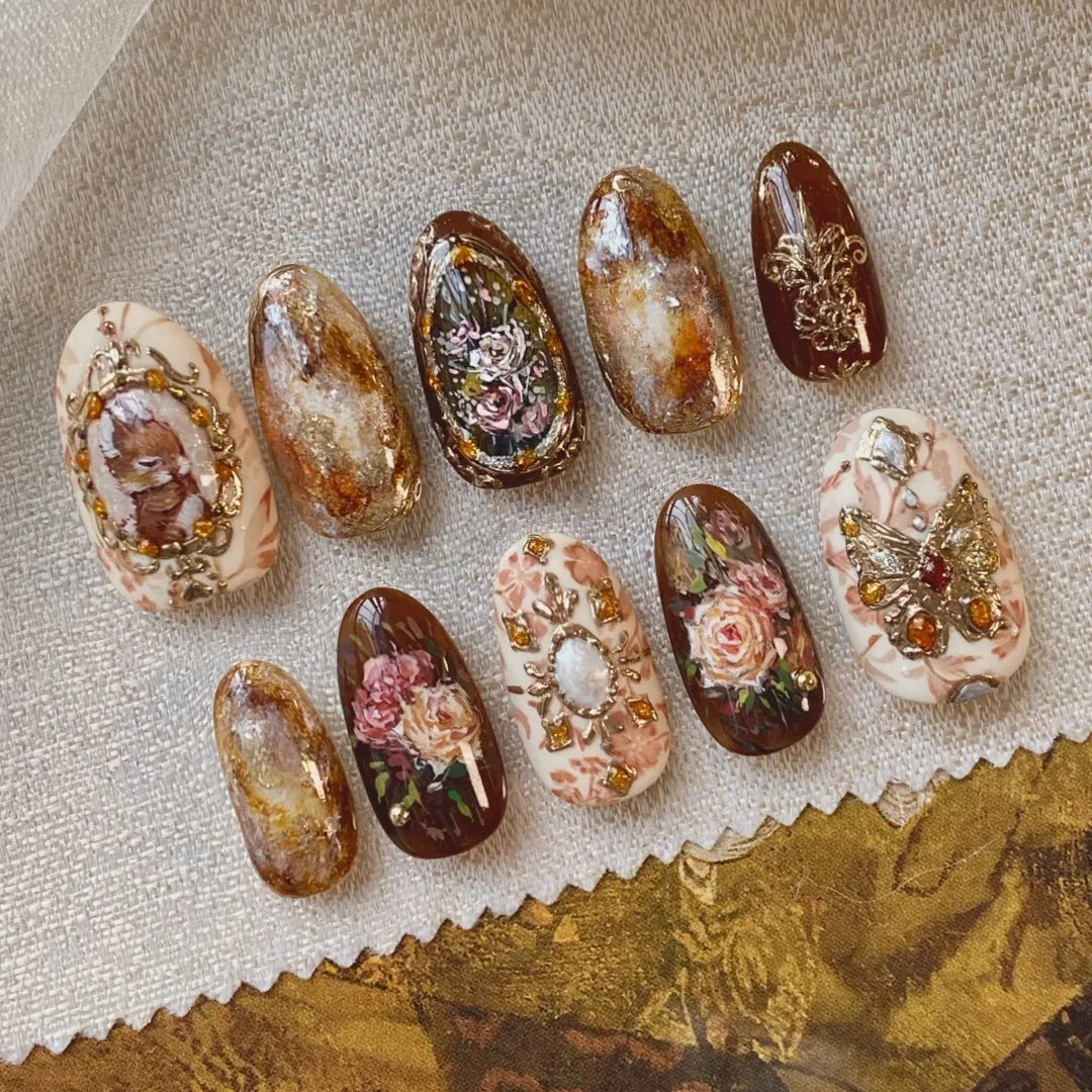 24pcs Field Journal Series False Nails Cute Rabbie Swan Flower Designs Fake Nails European Style Oil Painting Press On Nail