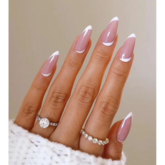 24Pcs/set Summer Short Almond Artificial Nails French Removable Nail Stickers Simple Flower White False Nails Oval Manicure Tool