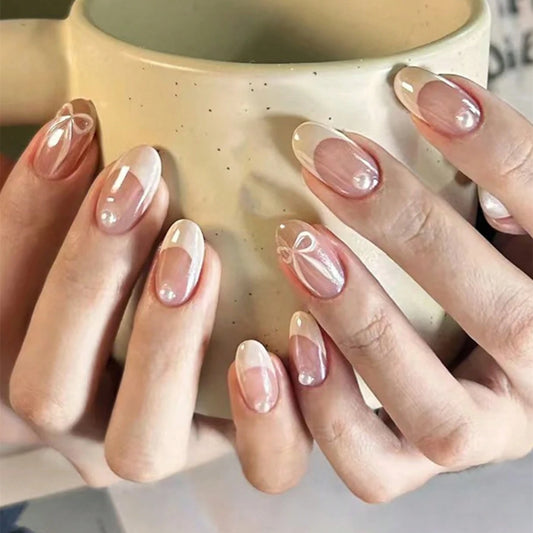 10pcs Aurora Nude Pink Pearl French dress nail Elegant ballet style sweet girl bow nail short