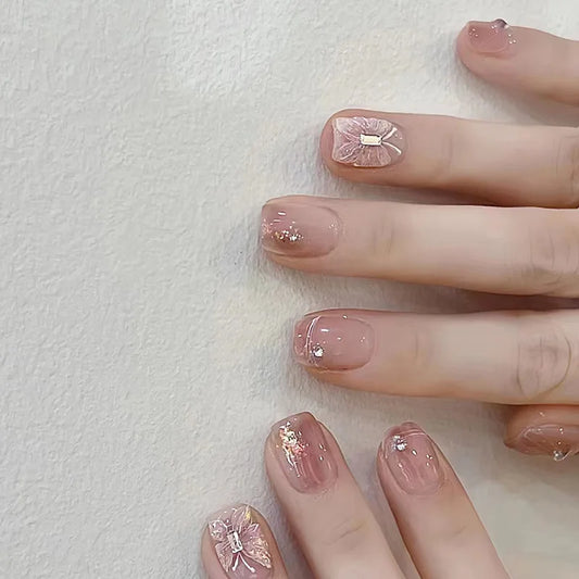 24pcs Press on Nails Cat's Eye Red Full Cover Nail Tips Gilded Short Square Fake Nails Art with Flower Design False Nail Sets