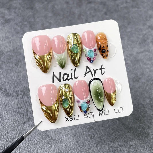 10Pcs Rainbow Color Baroque Diamond Design Fake Nails Handmade Press on Nails Light Luxury Almond Wearable Fashion Nail Tips Art