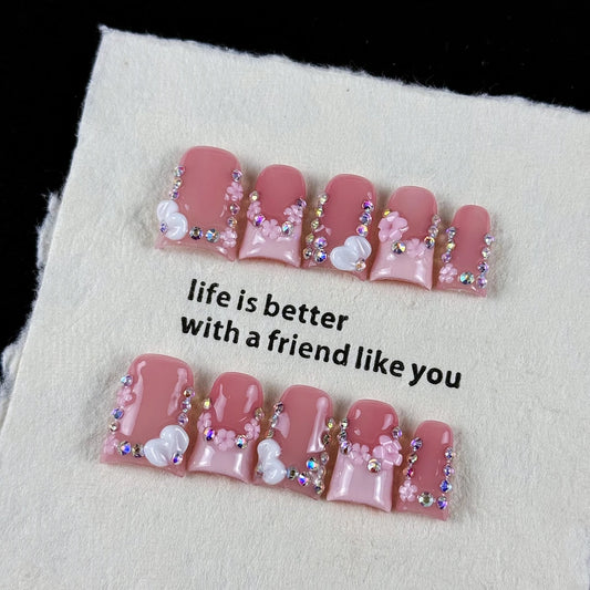 10pcs high-end Pink girl style, hand-painted three-dimensional engraved design, glittering small diamonds handmade fake nails