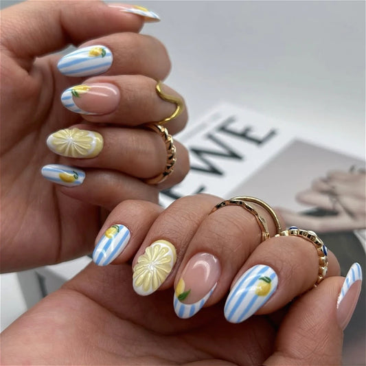 Cute 3D Strawberry Lemon Summer Little Flowers French Striped False Nails Detachable Finished Almond Fake Nails Press on Nails