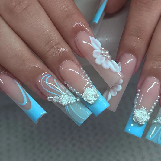 24pcs Long Square False Nail Tips Sweet Pink Nails Sets Press on Butterfly Flower Diamond Design Coffin Fake Nails Art Manicure