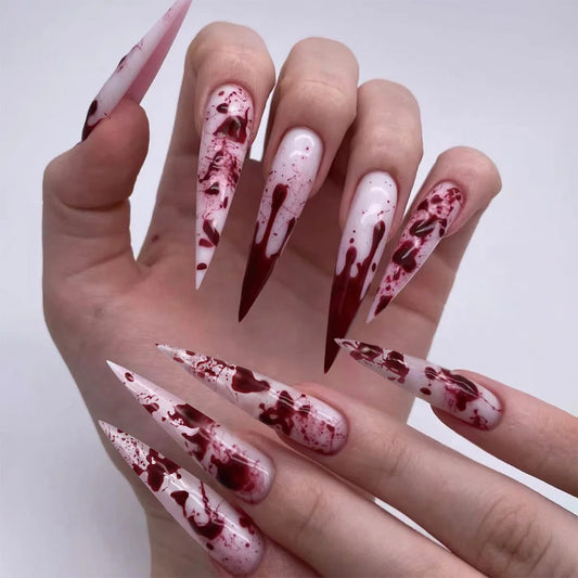 24pcs Halloween False Nails Red Blood Long Pointed Fake Nail Tips Wearable Detachable Gothic Punk Long Almond Press on Nails