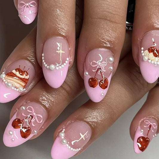 24Pcs Short Round Head Fake Nails Press on With Colorful Love Heart Design Full Cover False Nails Reusable Finished Manicure Tip