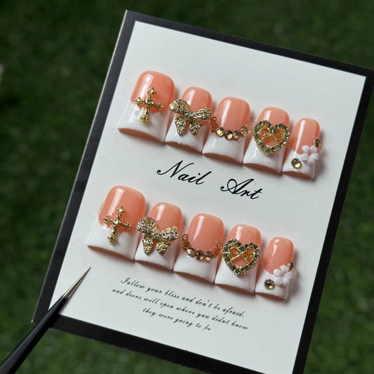 10pcs high-end Elegant style, hand-painted three-dimensional golden bow, heart shape, sparkling diamond pile handmade French Tip