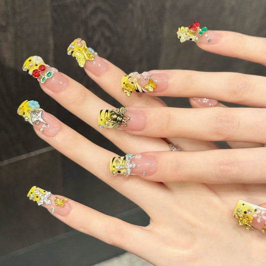 10pcs Handmade Pressed Long Square Nail Art,Nice Fake Nails,Luxurious Yellow Bee Butterfly Diamond Cherry Cross, Sweet And Cool