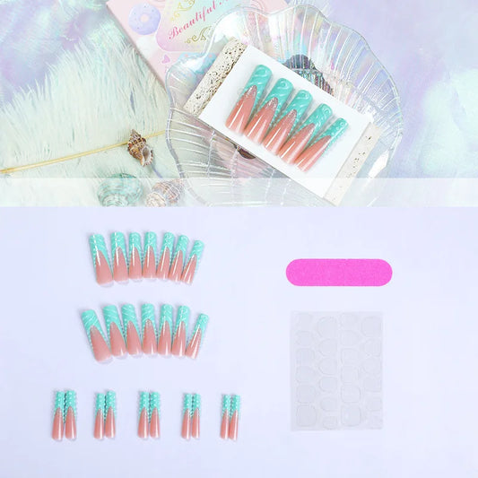 24pcs 3D Water Drop Fake Nail Patches Green French Press on Nail Full Cover Wearable Summer Extra Long Ballet False Nail Patches