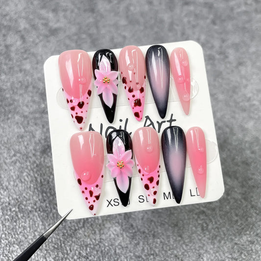 10pcs Gradient Pink Handmade Press on Nails Art Flower Design Long Stiletto Fake Nail Tips Leopard Print French False Nails Sets