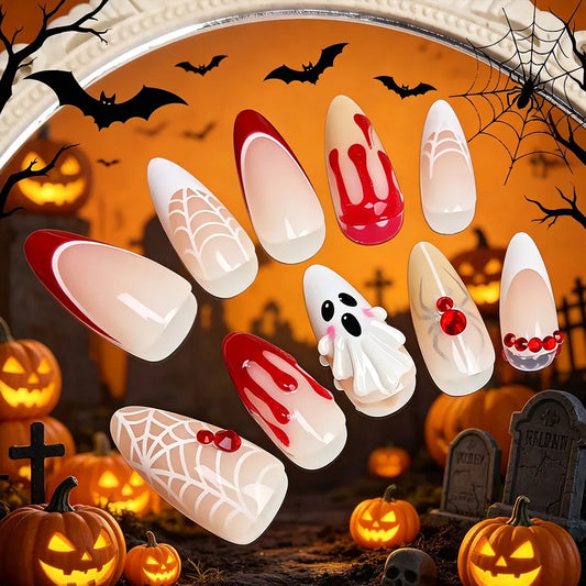 30pcs Halloween False nails White Red French Almond Press on Nails White Ghost Spider Web Design Fake Nail Patches Wearable