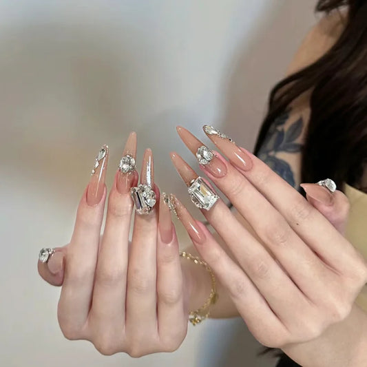 24Pcs Long Stiletto Nails Set Press on Cat's Eye French Design Fake Nails Simple Flower Detachable Full Cover False Nails Tips