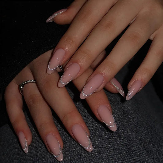 24pcs Wave Lines French Design False Nail Long Almond Nails Sets Press on Simple Shiny Powder Pattern Reusable Fake Nails Tips